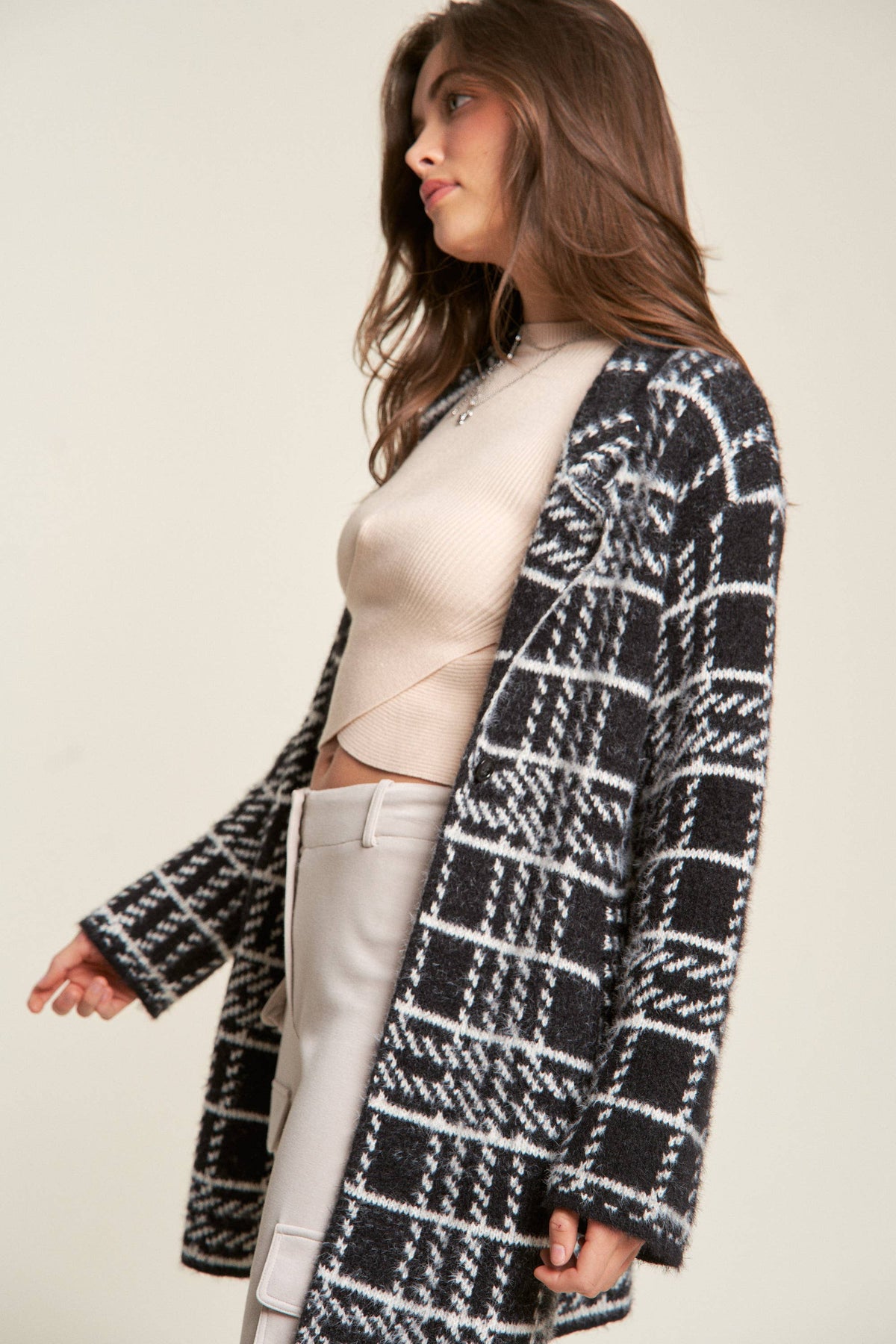 Plus - Plaid Knit Lapel Collar Button Front Long Coat