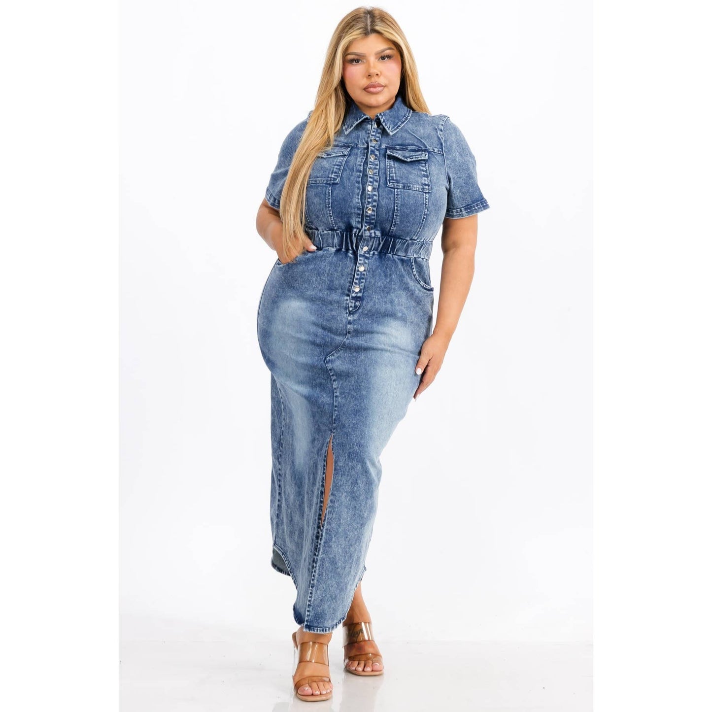 PLUS SIZE DENIM COLLARED BUTTON DOWN ELASTIC WAIST FRONT SLI