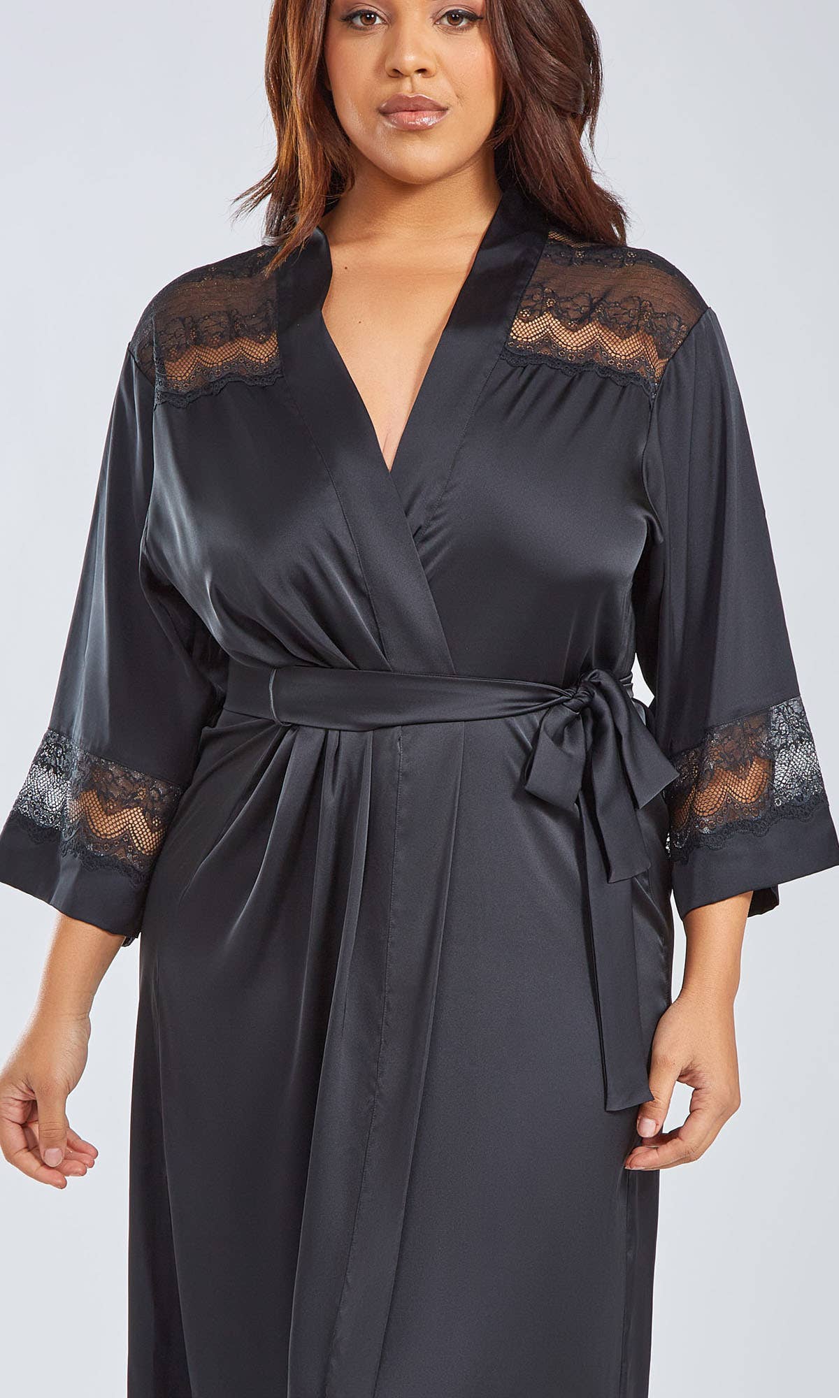 Tess Plus Size Stretch Satin Long Robe with Lace
