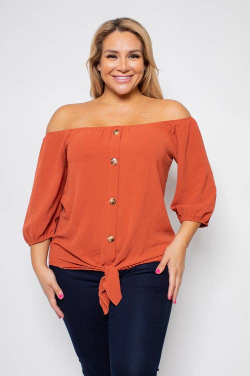 PLUS SIZE TIE FRONT OFF SHOULDER TOP