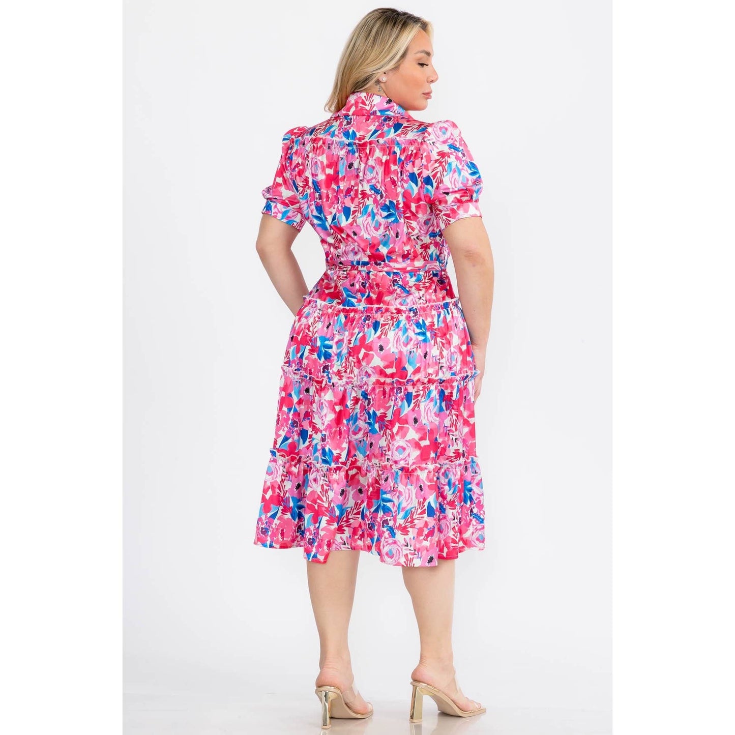 PLUS SIZE FLORAL COLLARED BUTTON DOWN TIERED MIDI DRESS