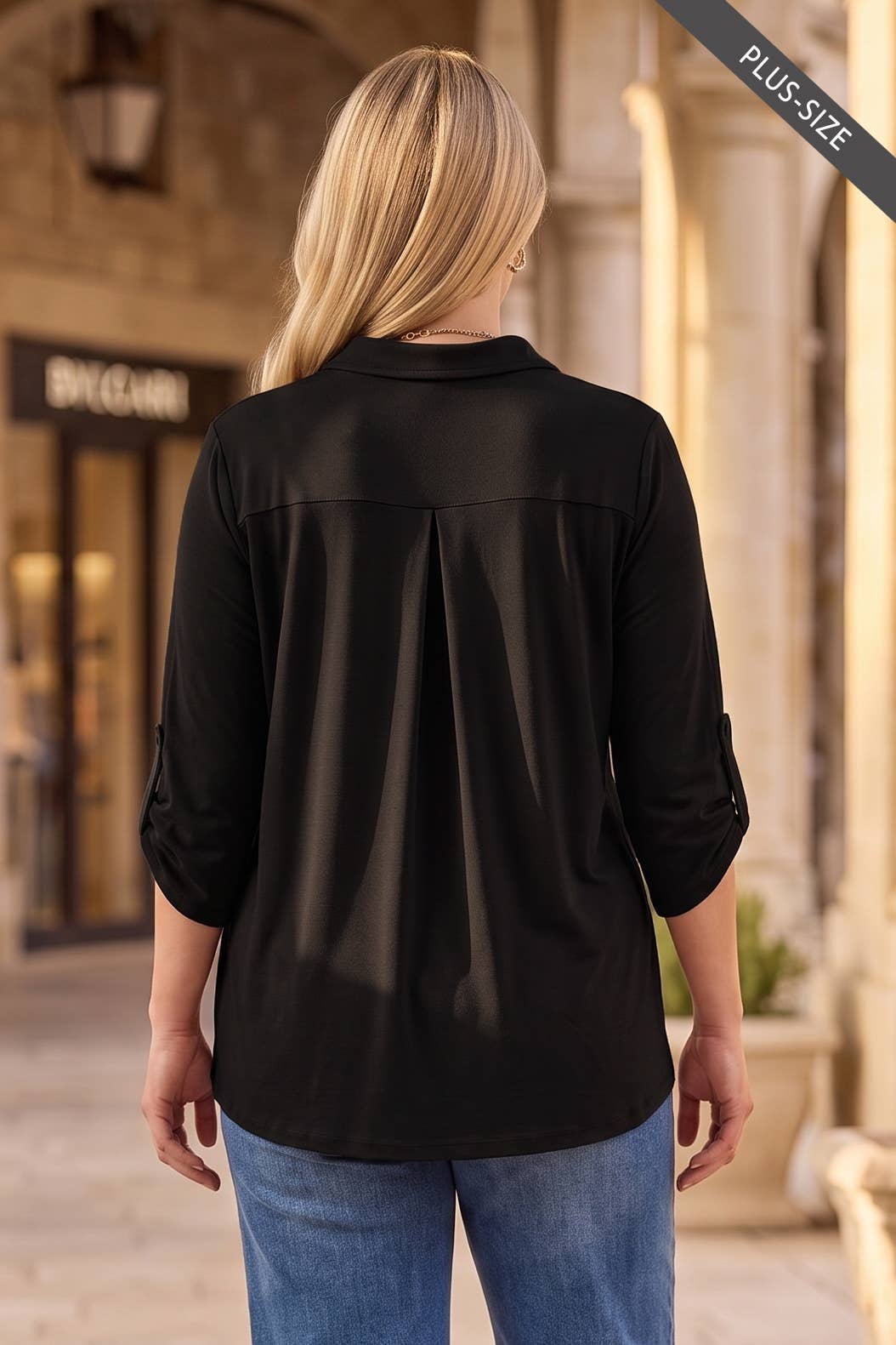 PLUS SIZE Collared 3/4 Sleeve Blouse Top