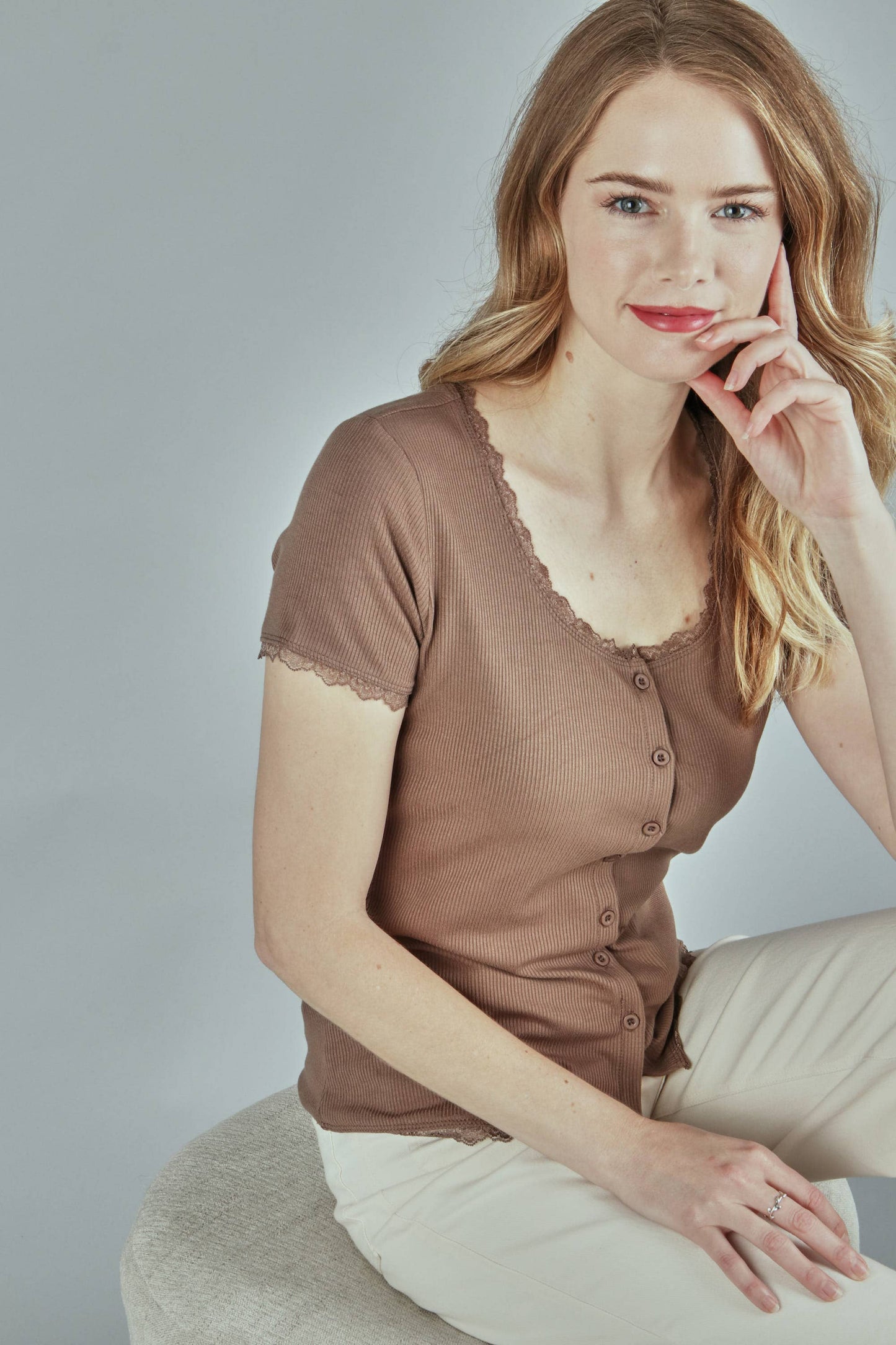 Solid rib button top with dtm edge lace- plus (P17893-PLUS)