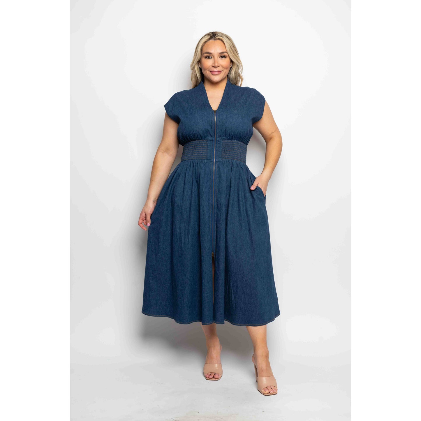 PLUS SIZE DENIM CAP SLEEVE SMOCKED WAIST ZIP FRONT WITH POCK