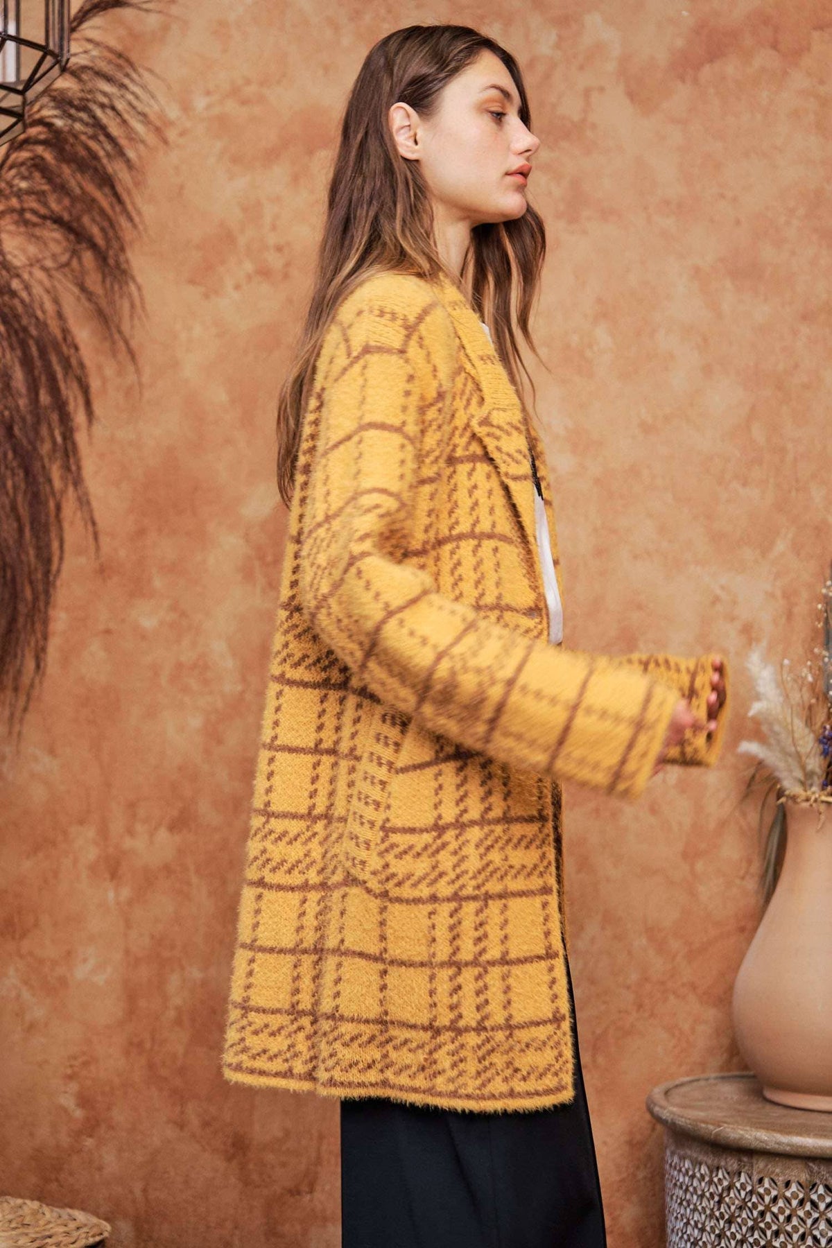 Plus - Plaid Knit Lapel Collar Button Front Long Coat