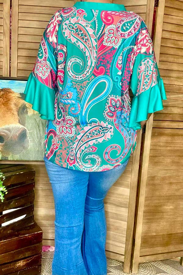 Western paisley printed ruffle sleeves women top GJQ16628