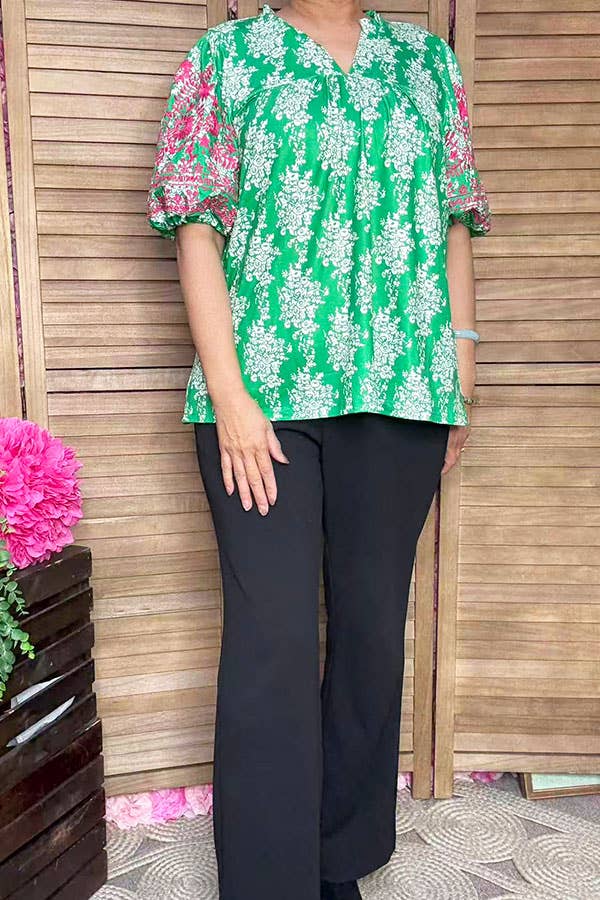 Pink floral emboridery puff sleeves women blouse XCH16810