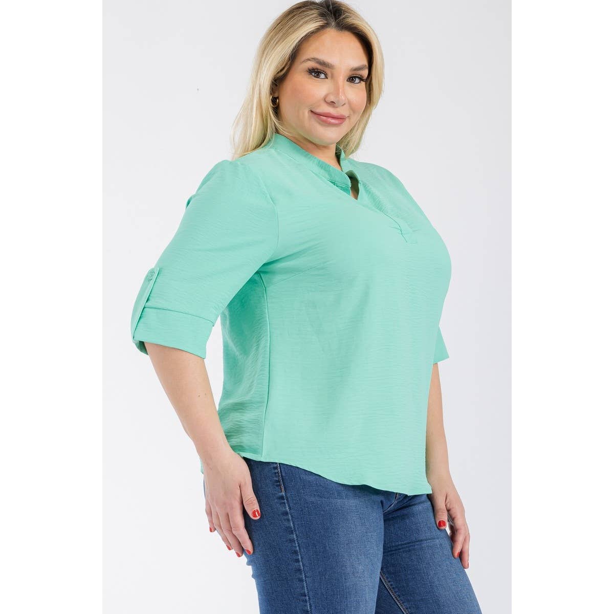 PLUS SIZE SPLIT NECK ROLL UP SLEEVE RELAXED BLOUSE