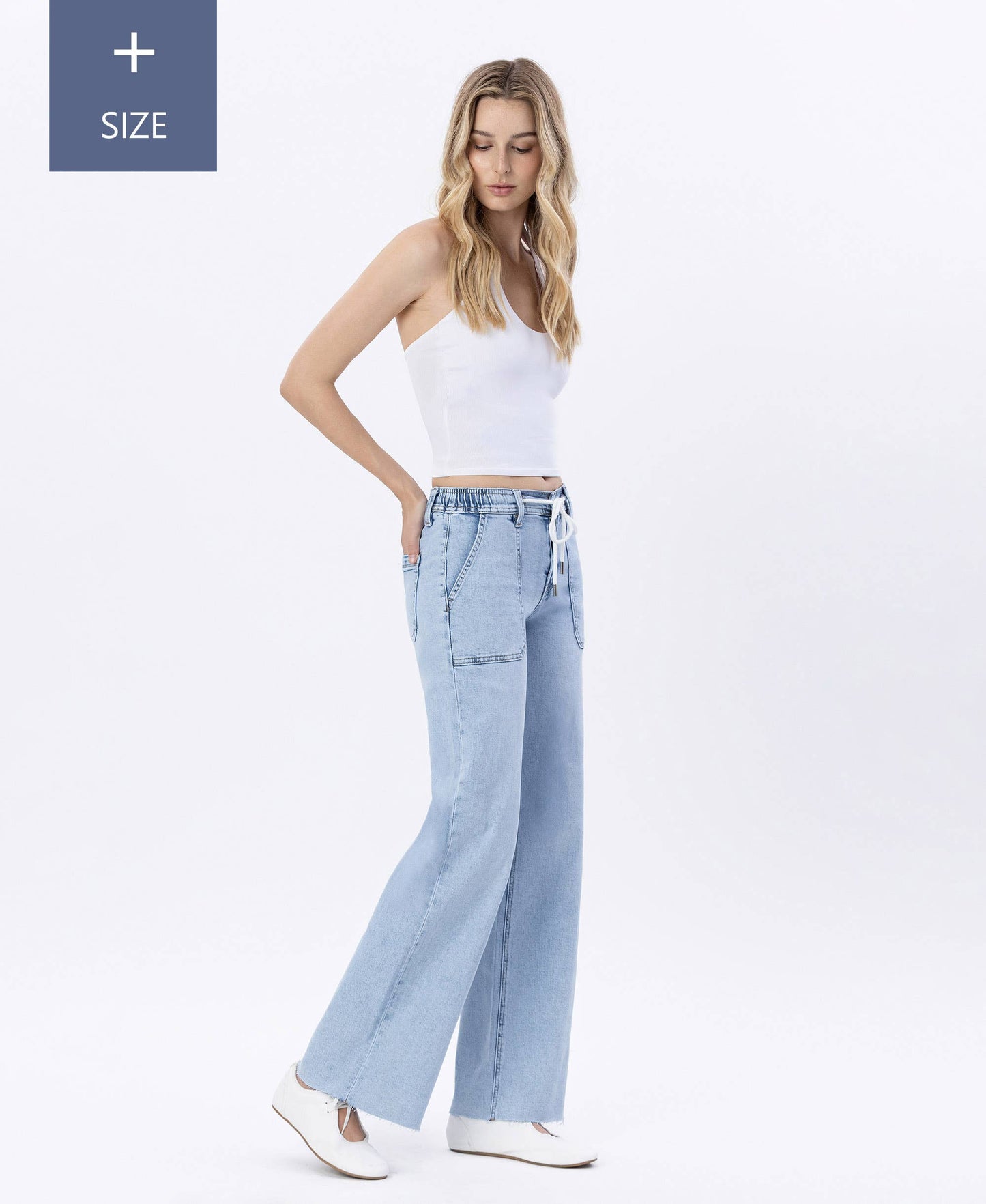 PLUS HIGH RISE DRAWSTRING WAISTBAND WIDE LEG JEANS LV1902-P