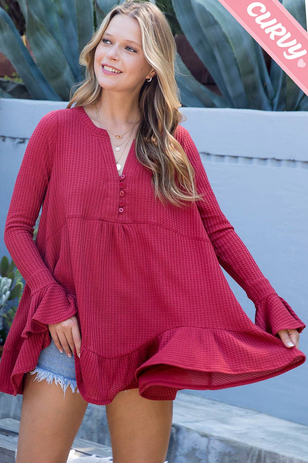 SW275PL - Curvy Waffle Knit Flare Top