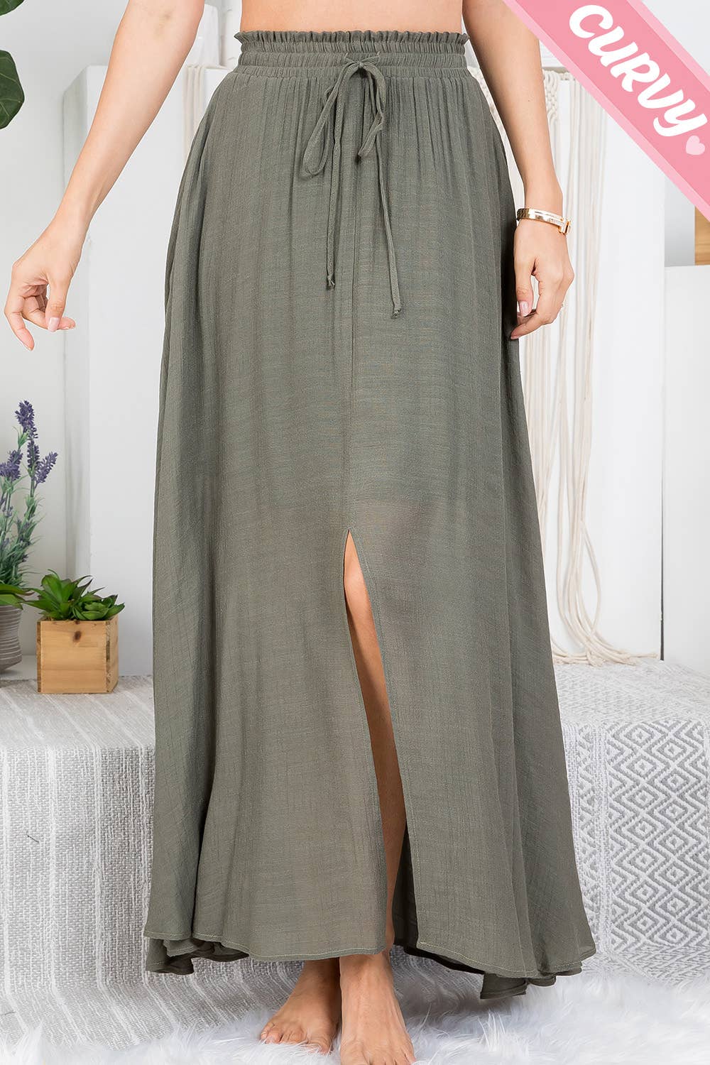 PLUS SIZE SMOCKED DRAWSTRING MAXI SKIRT