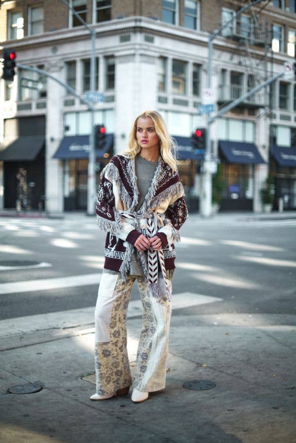 Plus - Fringe Trim Jacquard Belted Cardigan