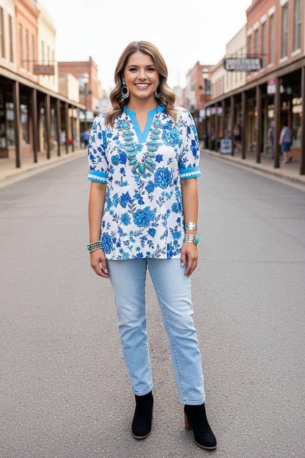 Blue floral whtie trim puff sleeve women top GJQ16642