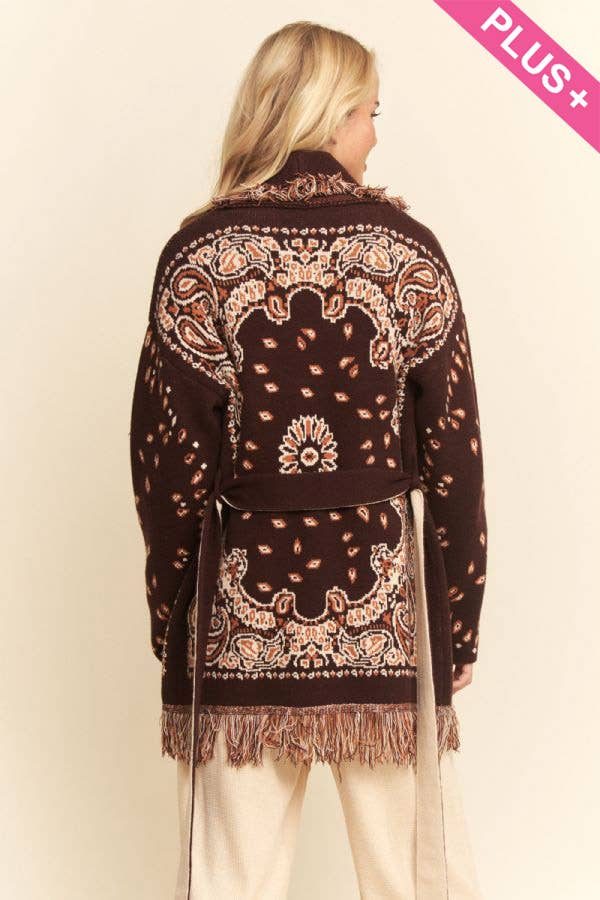 Plus - Fringe Trim Jacquard Belted Cardigan