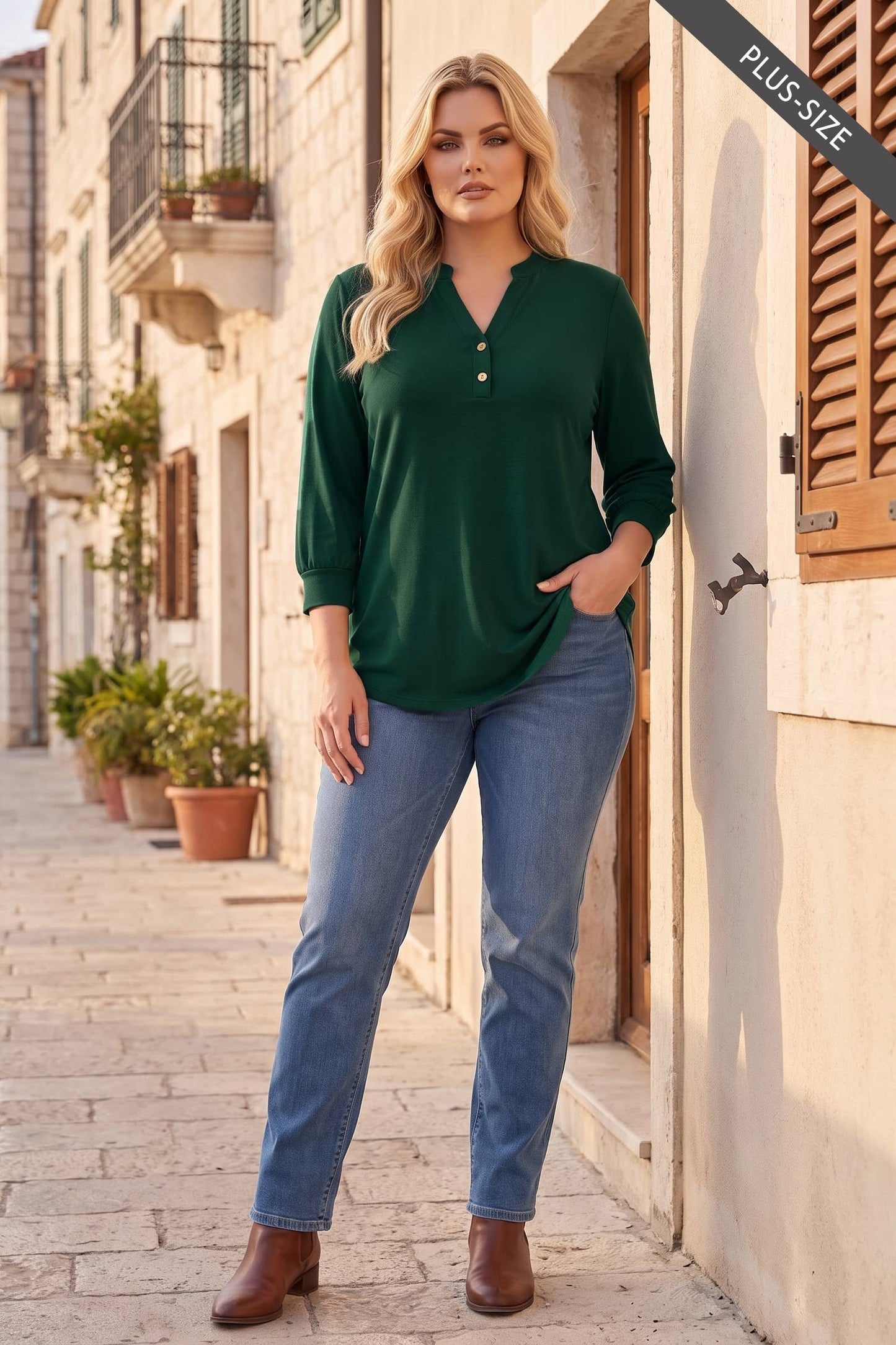 PLUS SIZE 3/4 Length Sleeve Button Down Blouse