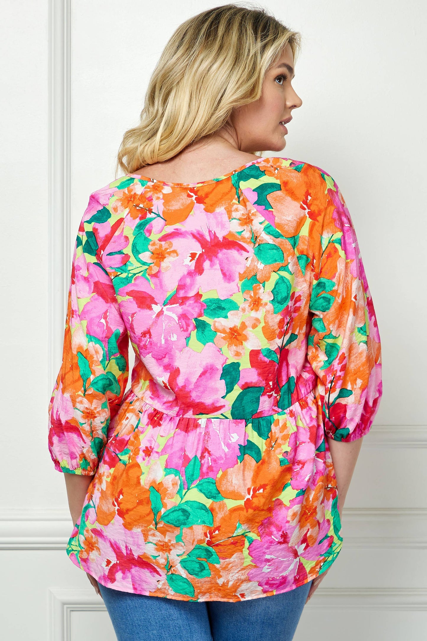PLUS SIZE BLOOMING SUNSET FLORAL BABYDOLL TOP