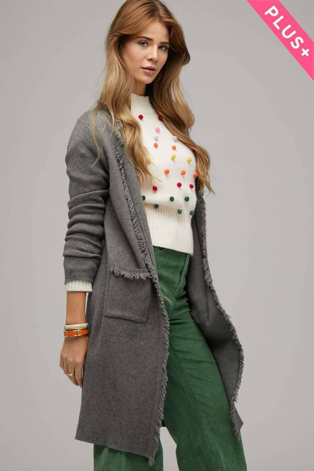 PLUS SOLID LONG SLEEVE FRINGE POCKETS CARDIGAN