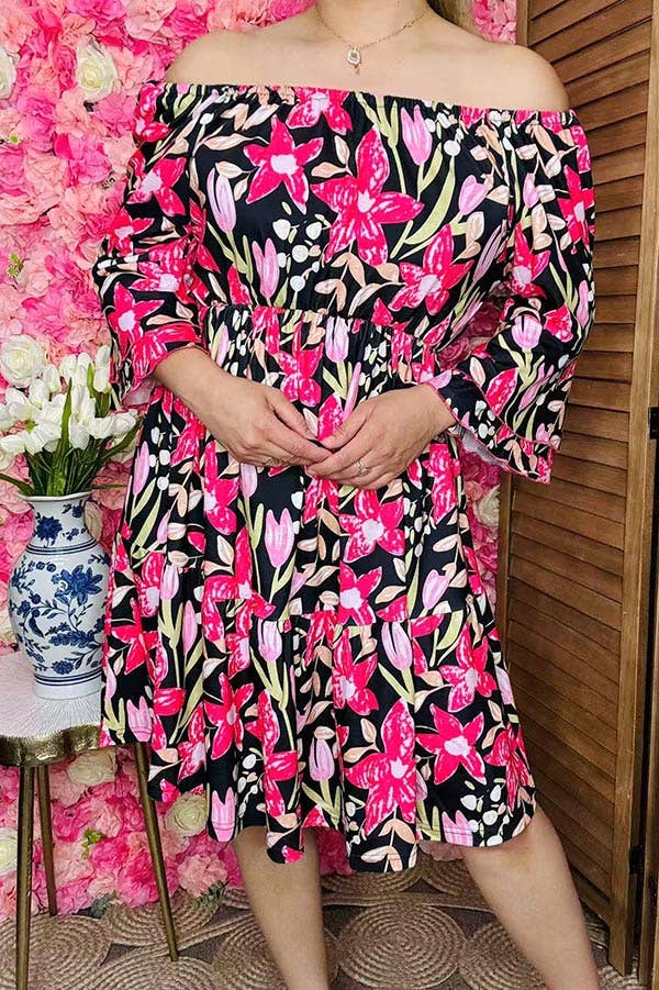 Floral printed off shoulder 3/4 sleeves dress GJQ16187