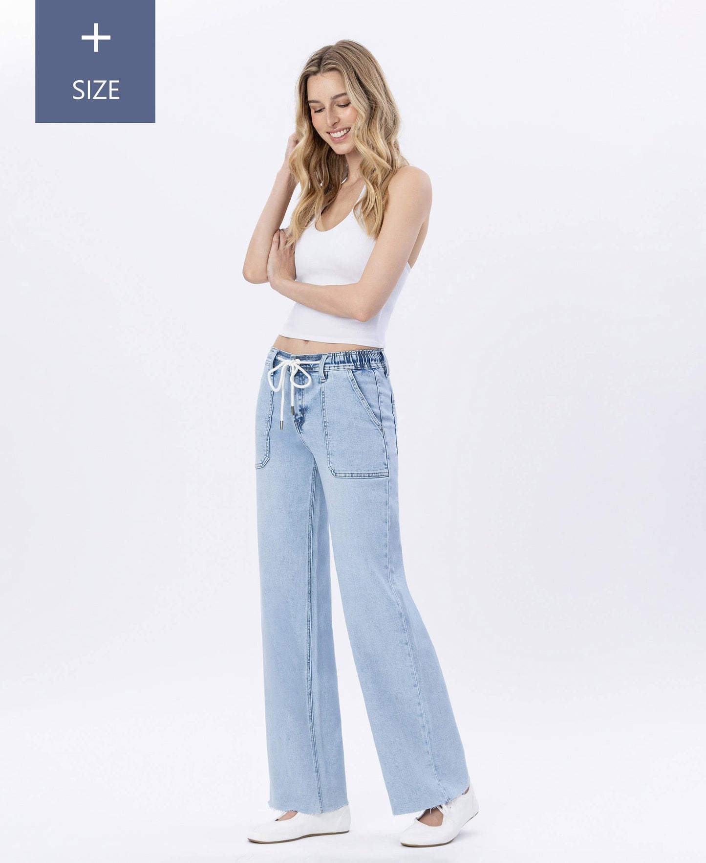 PLUS HIGH RISE DRAWSTRING WAISTBAND WIDE LEG JEANS LV1902-P