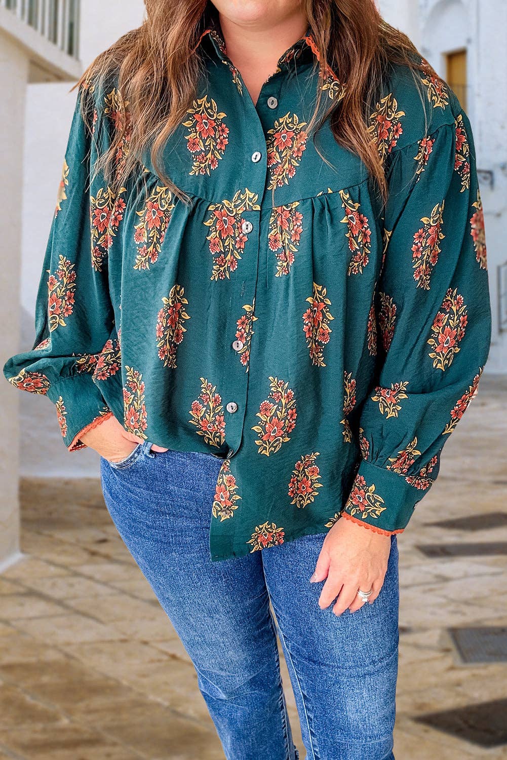 LALA LOO Plus Size Floral Lace Trim Buttoned Shirt