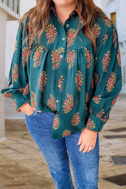 LALA LOO Plus Size Floral Lace Trim Buttoned Shirt