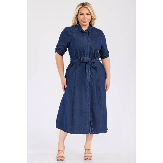 PLUS SIZE DENIM COLLARED BUTTON DOWN TIE WAIST MIDI SHIRT DR