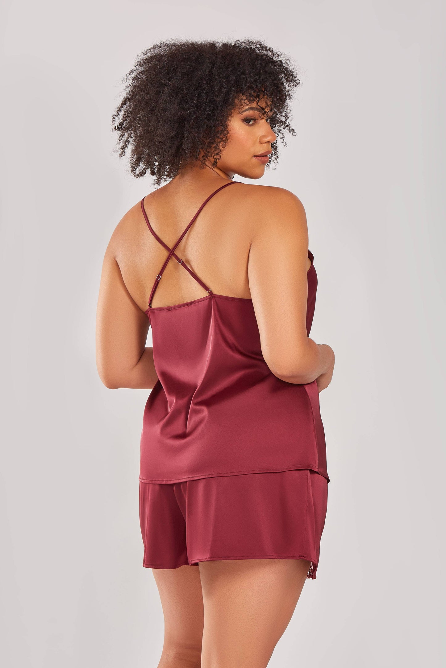 Layla Plus Size Stretch Satin Lace Cut Out Cami-Short Set