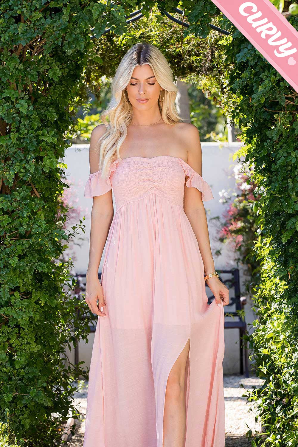 FLOWY RUFFLE SLEEVE SMOCKED MAXI PLUS SIZE  DRESS