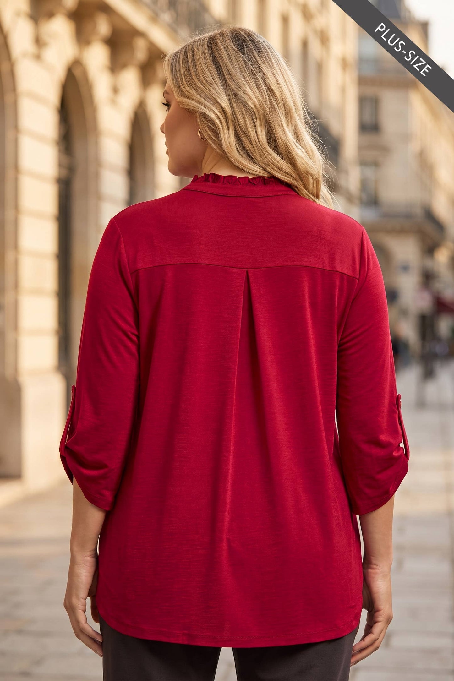 PLUS SIZE Ruffled Collar Lizzy 3/4 Sleeve Lightweight Blouse