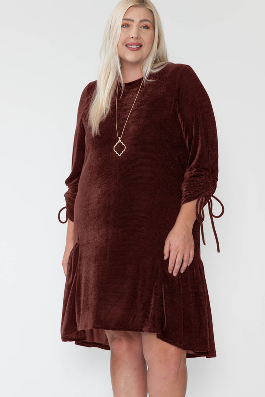 Plus Size Round Neck Sleeve Tied Velvet Knee Midi Dress