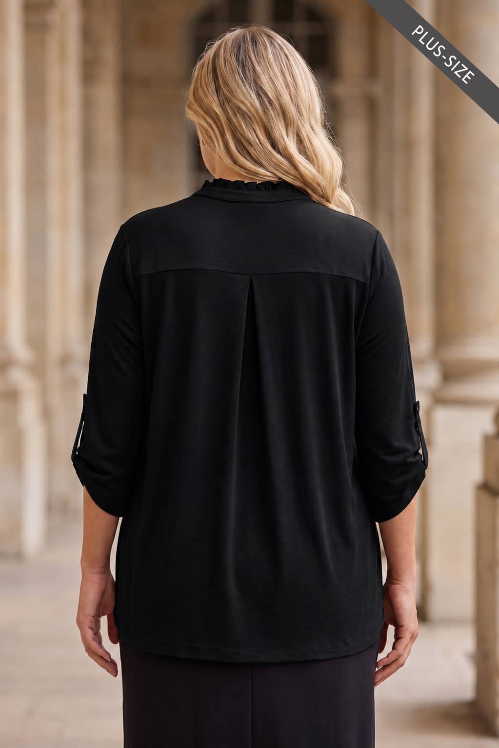 PLUS SIZE Ruffled Collar Lizzy 3/4 Sleeve Lightweight Blouse
