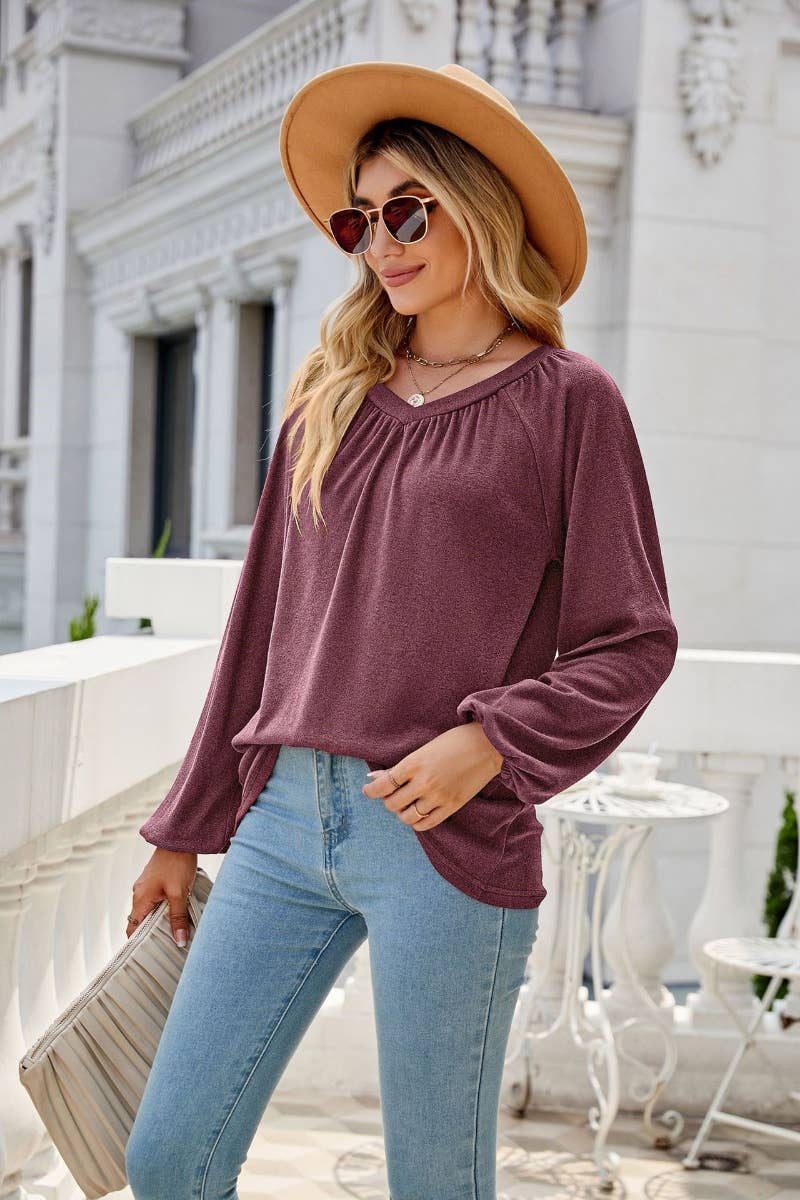 CWTBLL2858_LOOSE PLEATED V-NECK LONG SLEEVE TOP