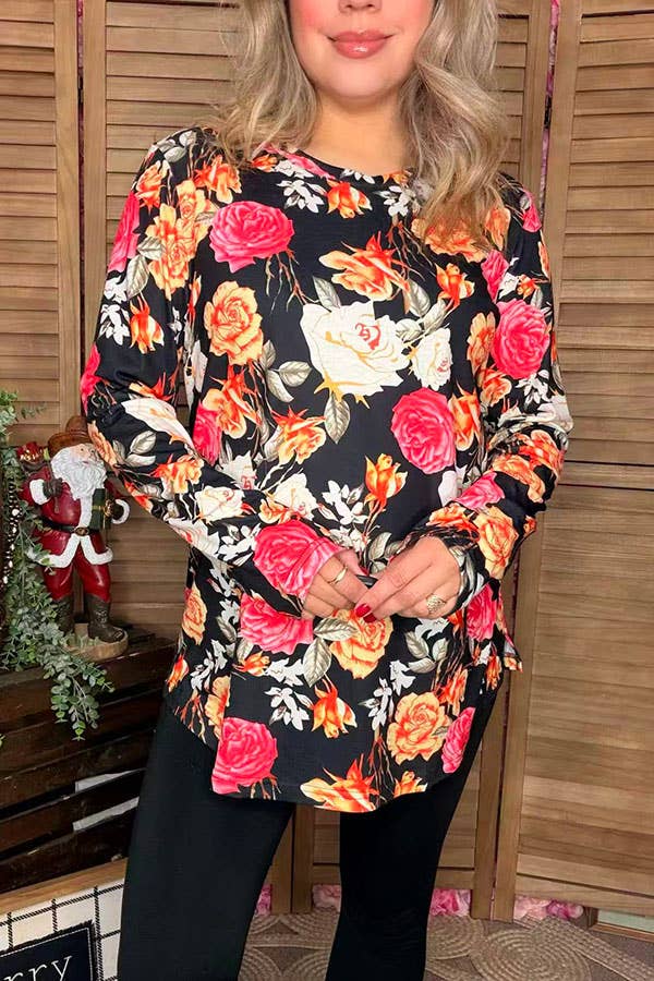 Floral multi color printed women black tops GJQ15766