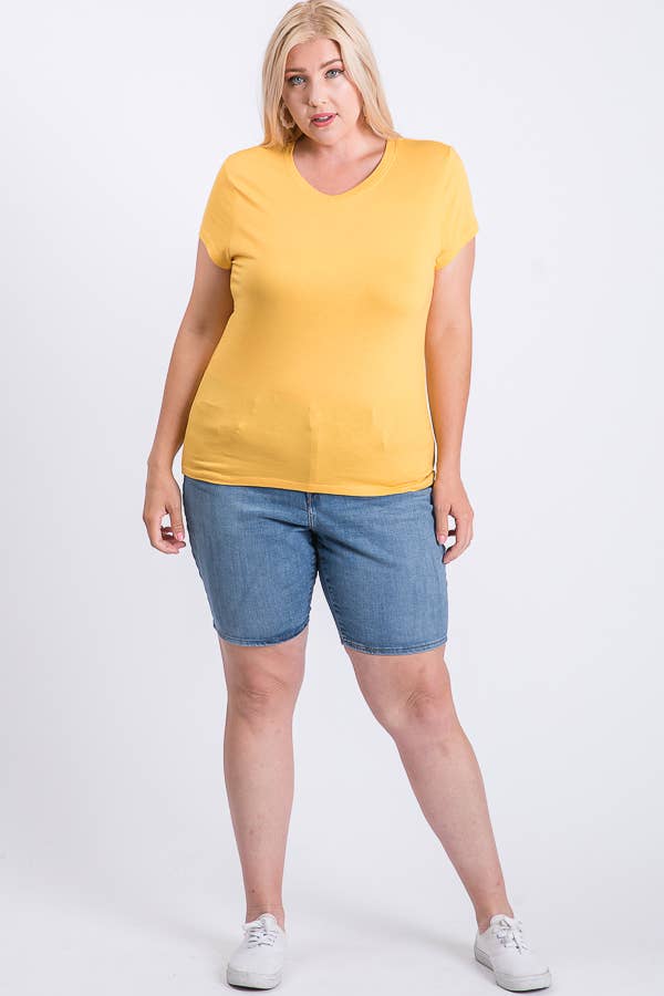 Plus Size V-Neck Basic Short Sleeve Solid Tee Cotton Top