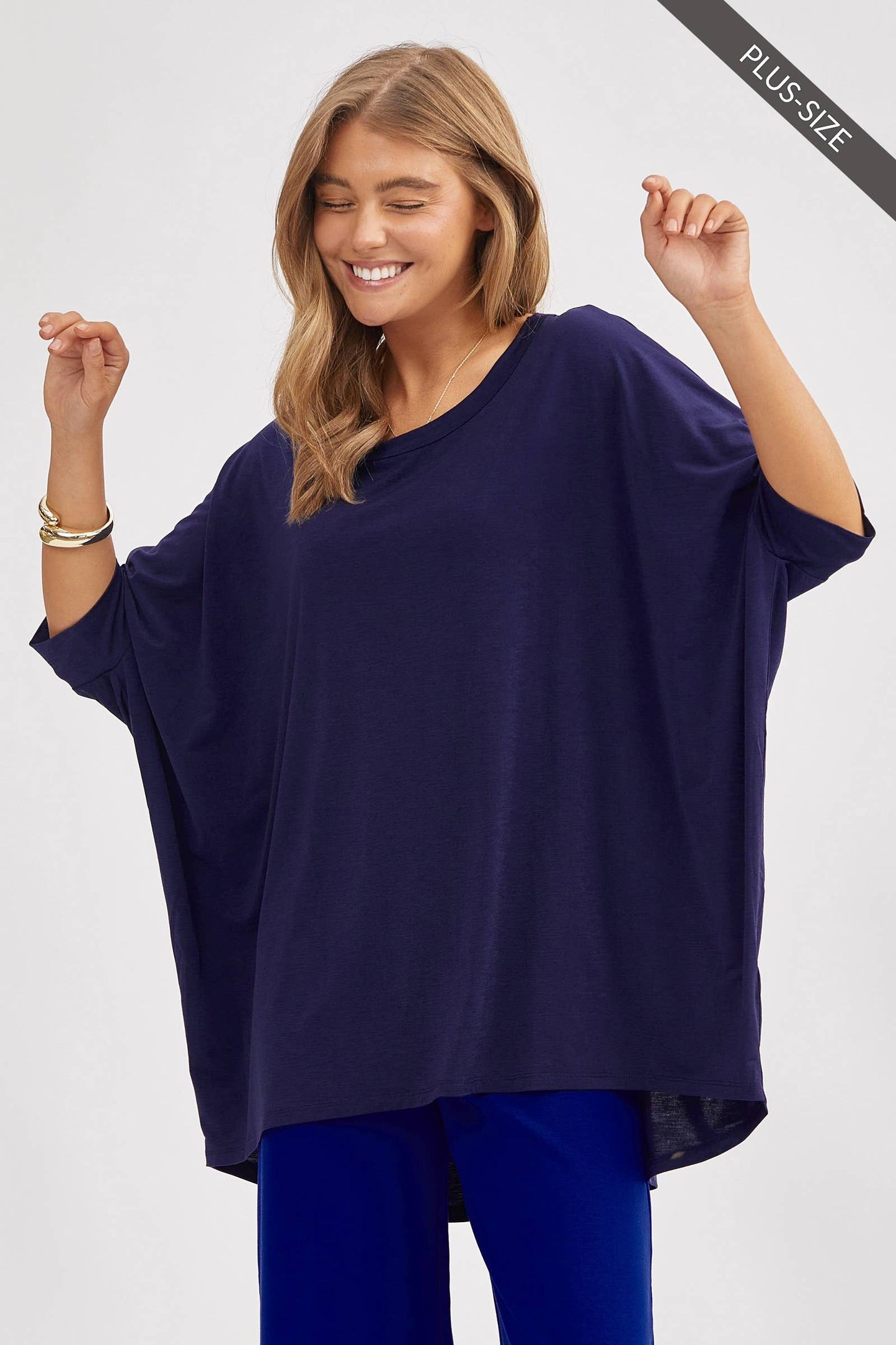 PLUS SIZE Relaxed Banded Dolman Sleeve Poncho-Like Tunic Top
