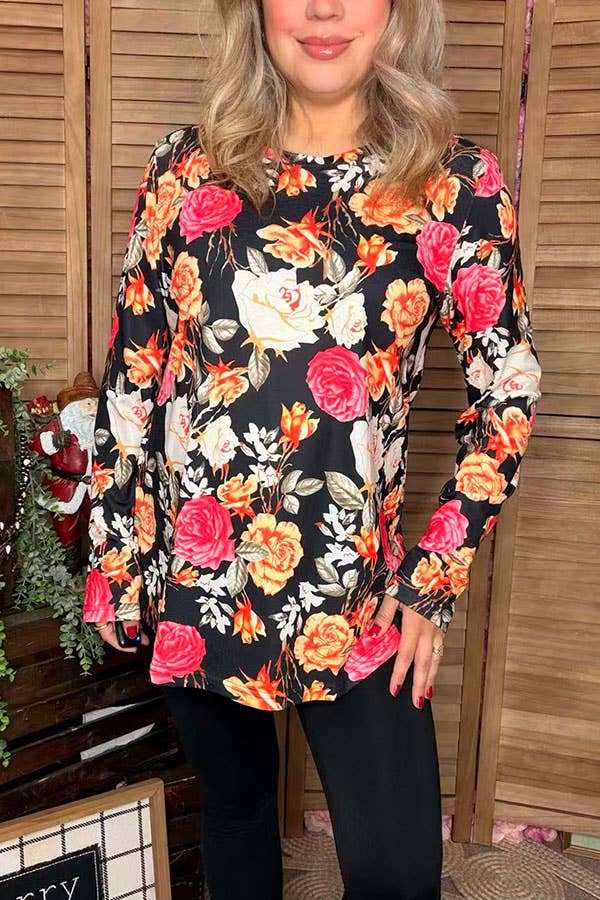 Floral multi color printed women black tops GJQ15766