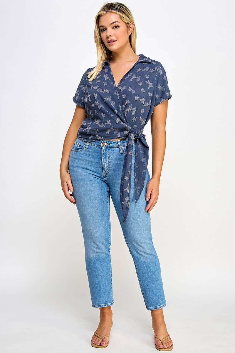 Plus Size Collar Wrap Side Tie Top - NK18396-T