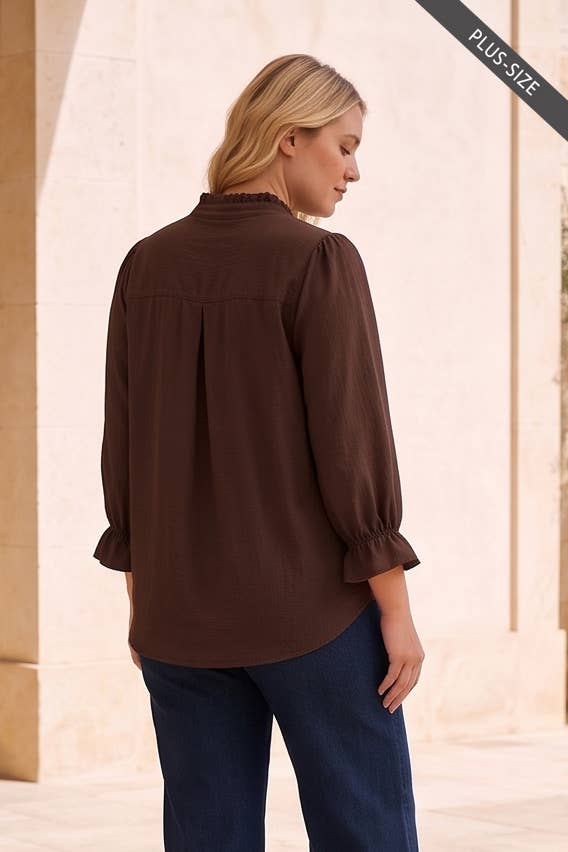 PLUS SIZE Ruffle 3/4 Sleeve Button Down Front Blouse