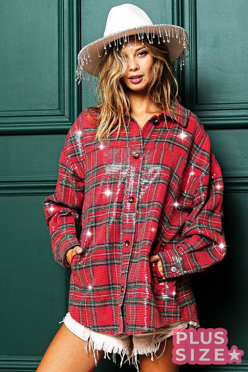 PLUS CLEAR SEQUIN PLAID CHRISTMAS SHIRT