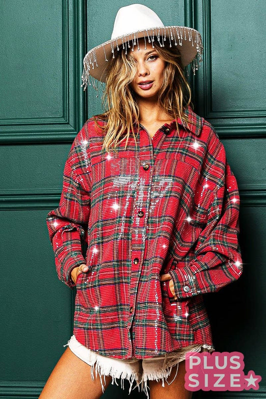 PLUS CLEAR SEQUIN PLAID CHRISTMAS SHIRT