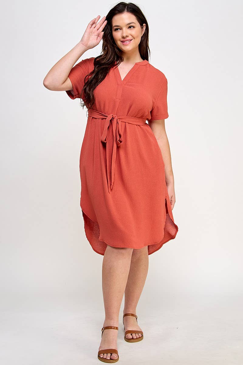 Plus Size Midi V-Neck Waist Tie Dress SS2352P-D