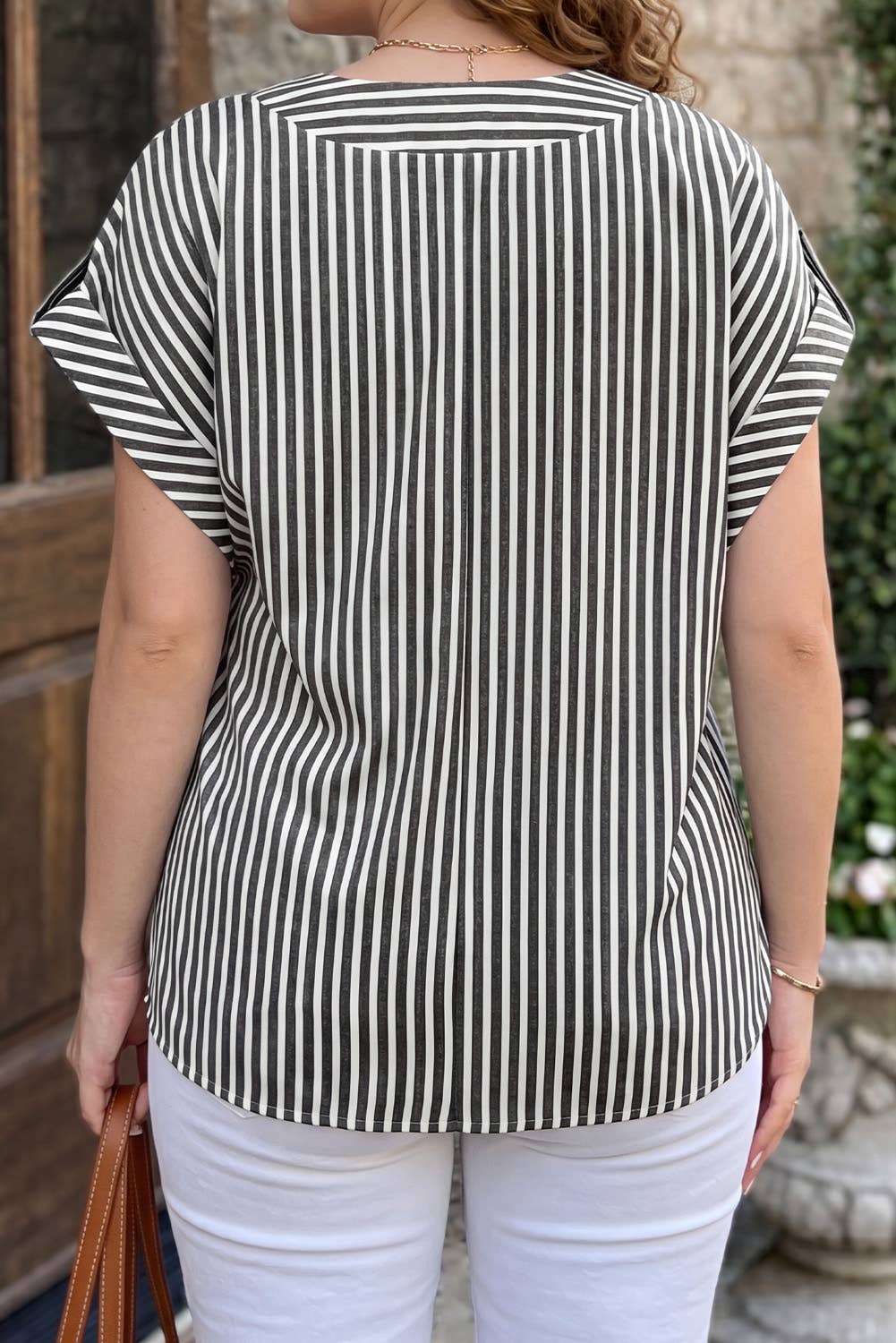 Stripe Plus Size V Neck Roll-tab Short Dolman Sleeve Blouse