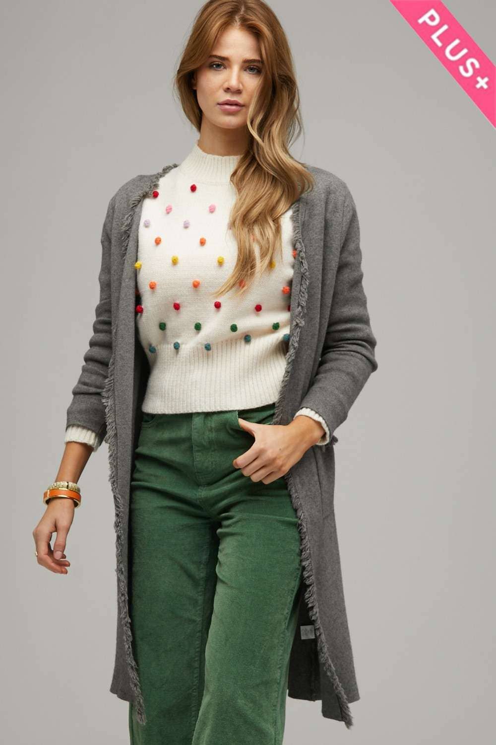 PLUS SOLID LONG SLEEVE FRINGE POCKETS CARDIGAN