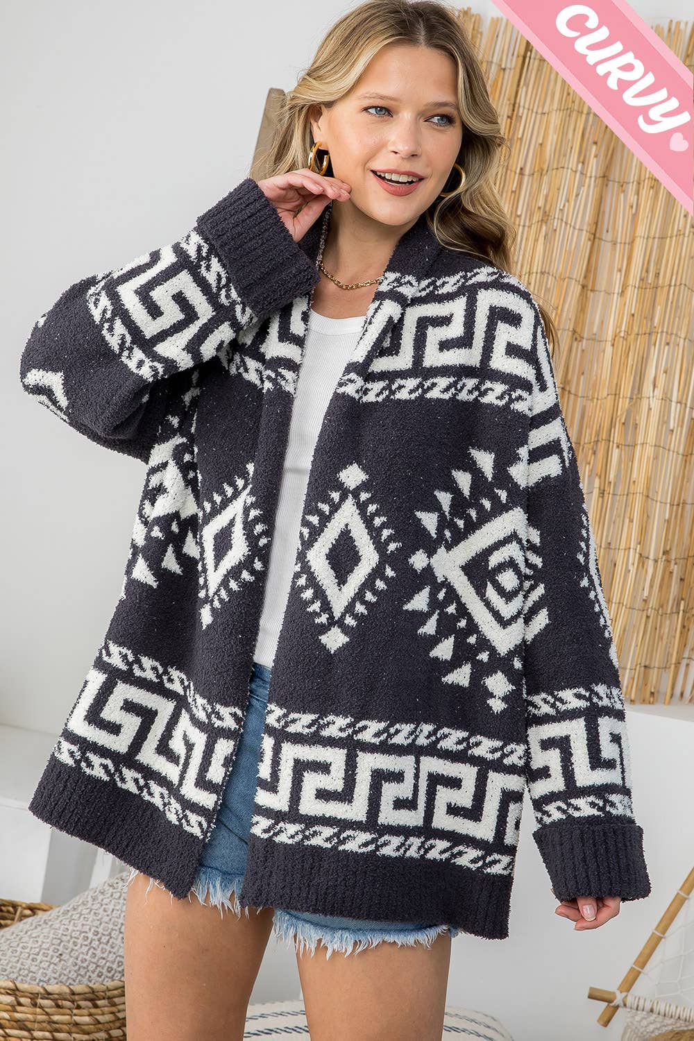 PLUS SIZE AZTEC PRINT SUPER SOFT COZY SWEATER KNIT CARDIGAN