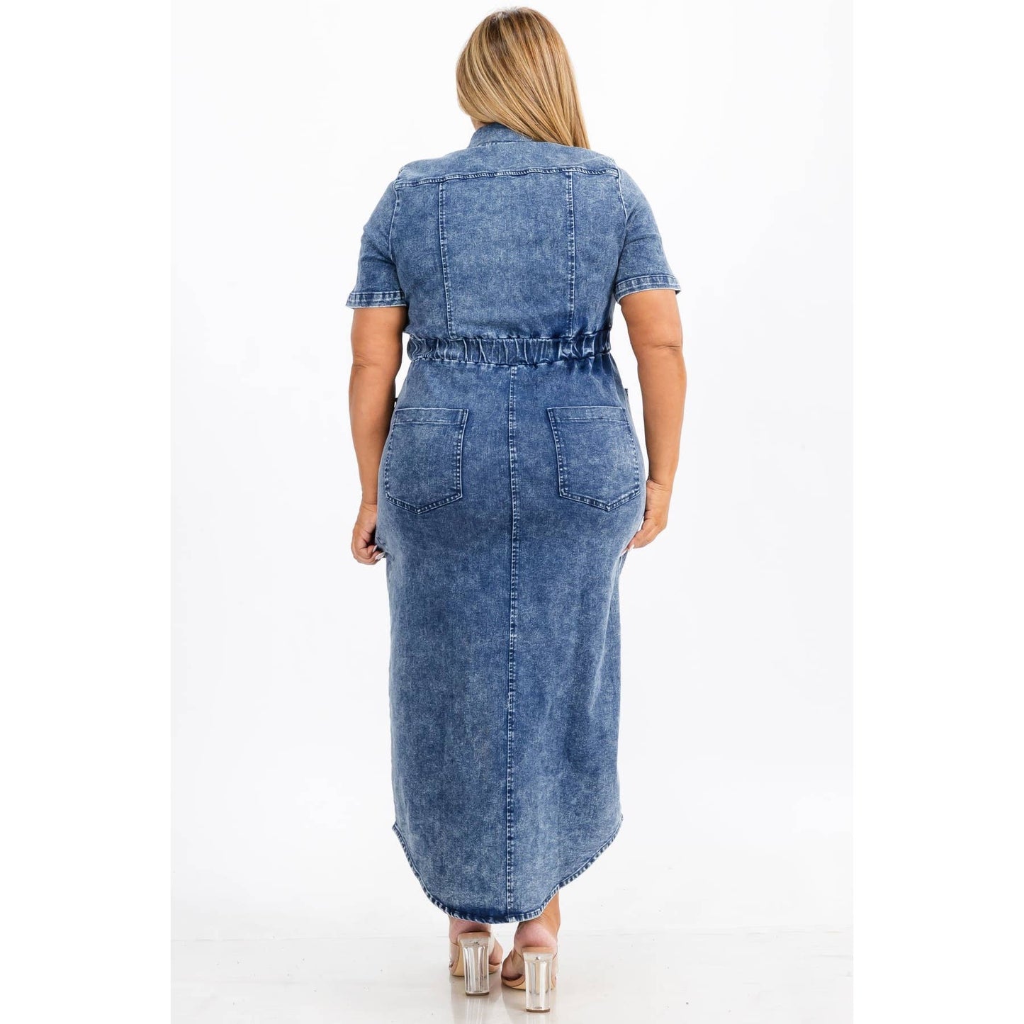 PLUS SIZE DENIM COLLARED BUTTON DOWN ELASTIC WAIST FRONT SLI