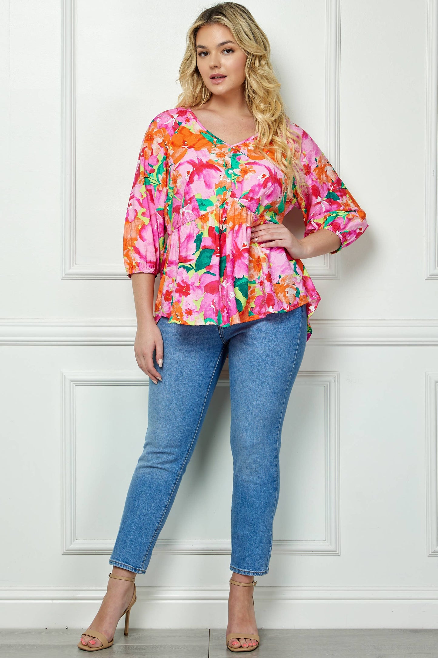 PLUS SIZE BLOOMING SUNSET FLORAL BABYDOLL TOP