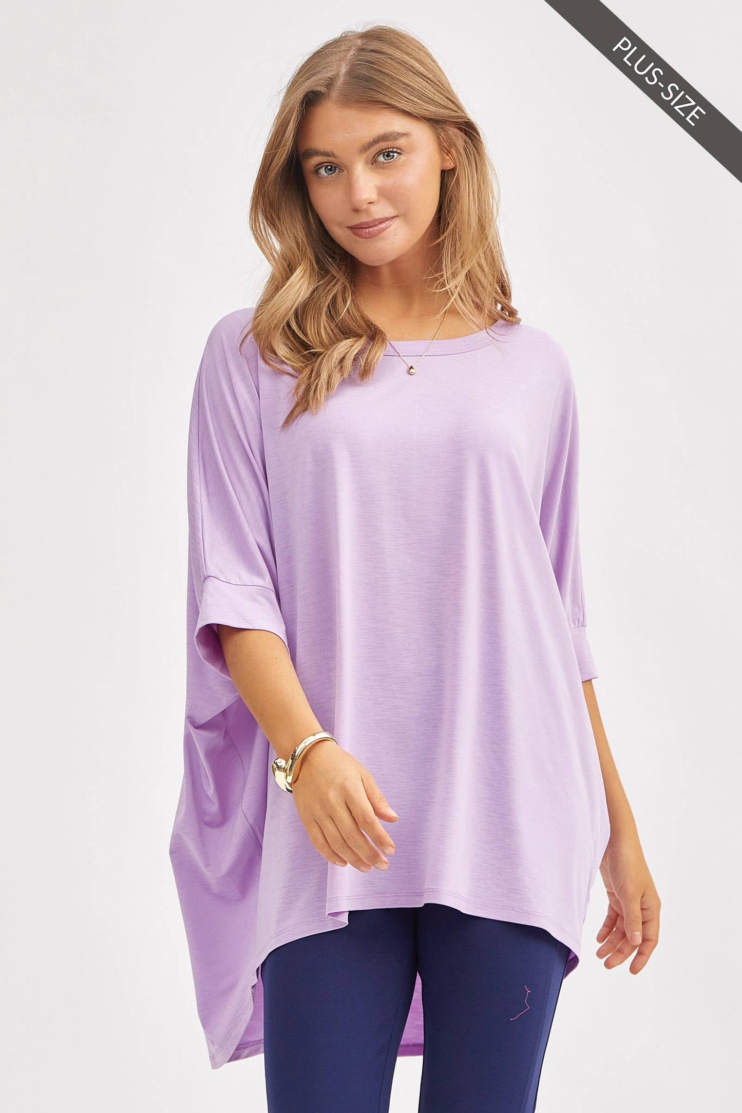 PLUS SIZE Relaxed Banded Dolman Sleeve Poncho-Like Tunic Top