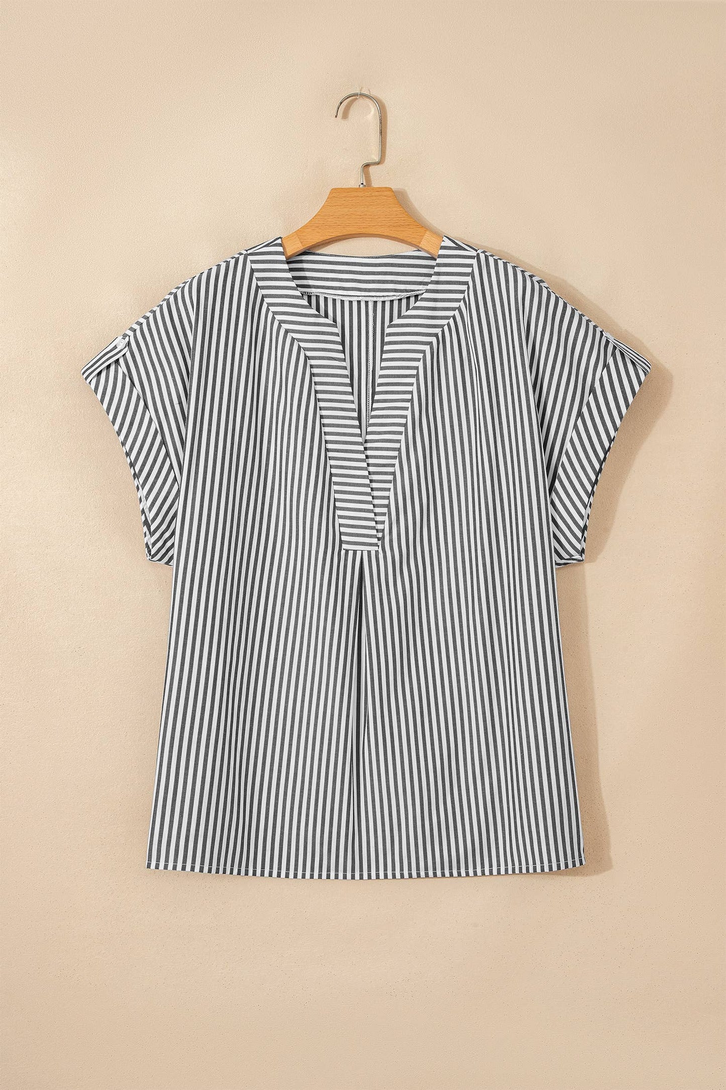 Stripe Plus Size V Neck Roll-tab Short Dolman Sleeve Blouse