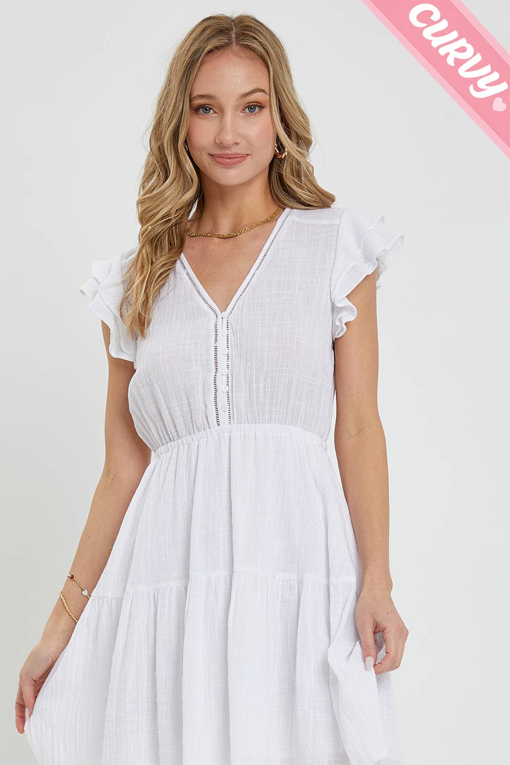 PLUS SIZE RUFFLE BUTTON FRONT SHORT DRESS