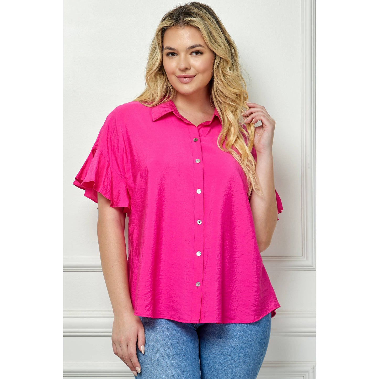 PLUS SIZE SOFTLY FEMININE RUFFLE SLEEVE BLOUSE